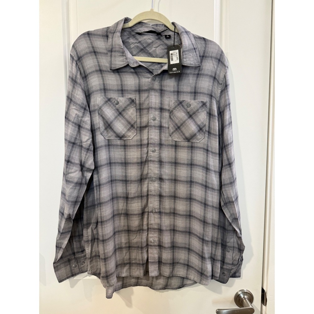 TravisMathew‎ Day And Night Mens Large Grey Plaid Long Sleeve Button Down Shirt